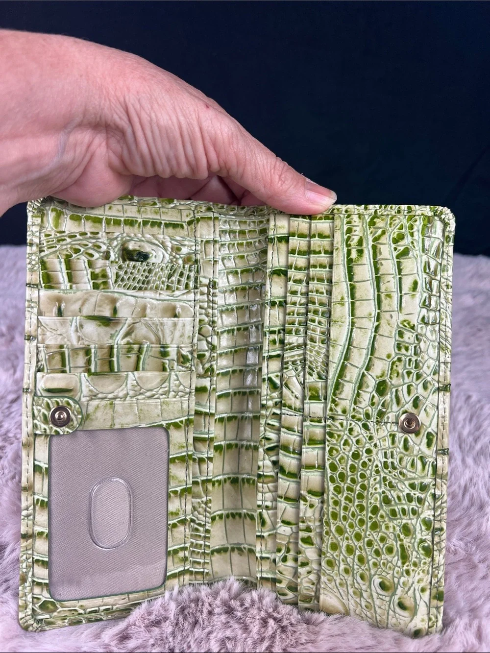 Brahmin Green & Cream Melbourne Croc-Embossed Leather Wallet EUC